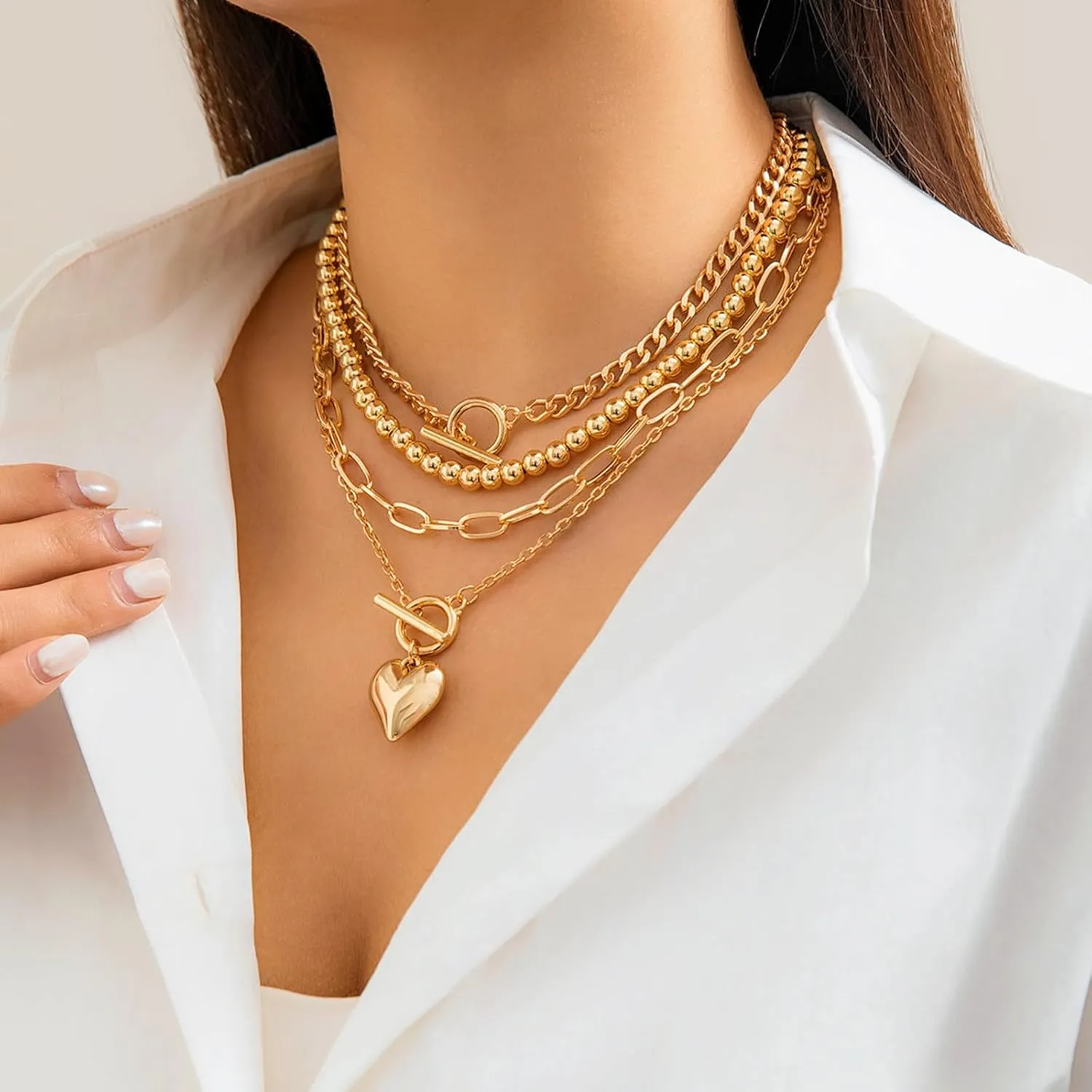 Layered Choker Necklace for Women Heart Pendant Stack Layered Cuban Paperclip Snake Chain Necklaces Trendy Retro Coin Dainty Pendant Gothic Black Necklaces Toggle Clasp Necklace for 4Pcs