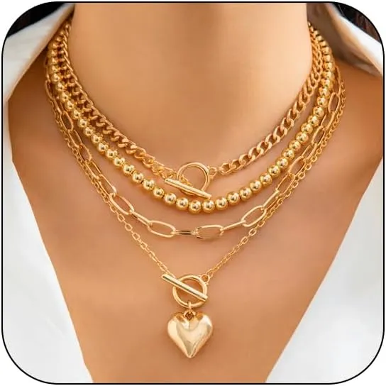 Layered Choker Necklace for Women Heart Pendant Stack Layered Cuban Paperclip Snake Chain Necklaces Trendy Retro Coin Dainty Pendant Gothic Black Necklaces Toggle Clasp Necklace for 4Pcs