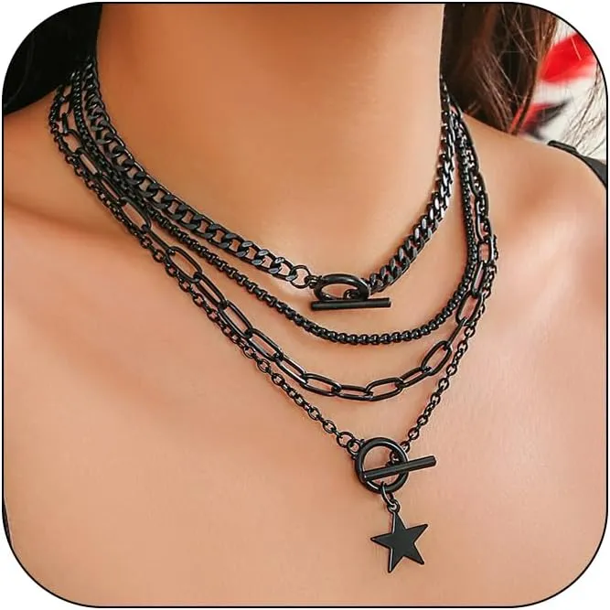 Layered Choker Necklace for Women Heart Pendant Stack Layered Cuban Paperclip Snake Chain Necklaces Trendy Retro Coin Dainty Pendant Gothic Black Necklaces Toggle Clasp Necklace for 4Pcs