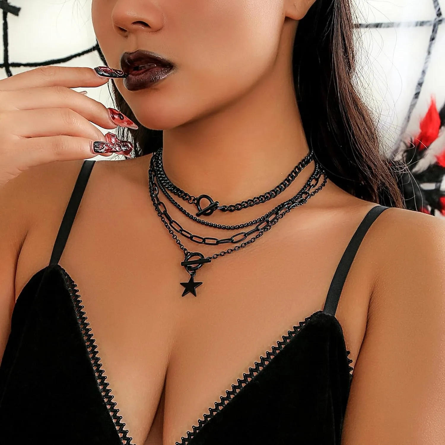 Layered Choker Necklace for Women Heart Pendant Stack Layered Cuban Paperclip Snake Chain Necklaces Trendy Retro Coin Dainty Pendant Gothic Black Necklaces Toggle Clasp Necklace for 4Pcs