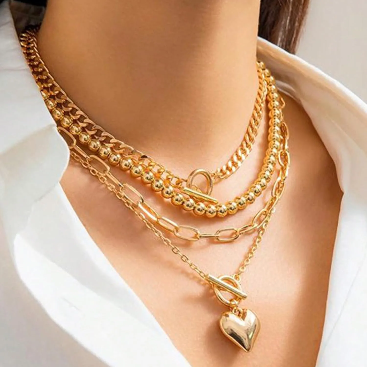 Layered Choker Necklace for Women Heart Pendant Stack Layered Cuban Paperclip Snake Chain Necklaces Trendy Retro Coin Dainty Pendant Gothic Black Necklaces Toggle Clasp Necklace for 4Pcs