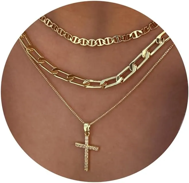 Layered Cross Necklaces for Women Gold Layering Chain Necklace Cuban Link Chain Necklace Stacks Choker Necklace Boho Chain Jewelry