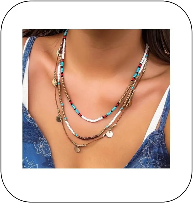 Maillard Style Brown Beaded Choker Necklace Layered Colorful Beads Necklaces with Leaf Disc Butterfly Pendant Boho Beach Wedding Seed Bead Jewelry for Women and Girls