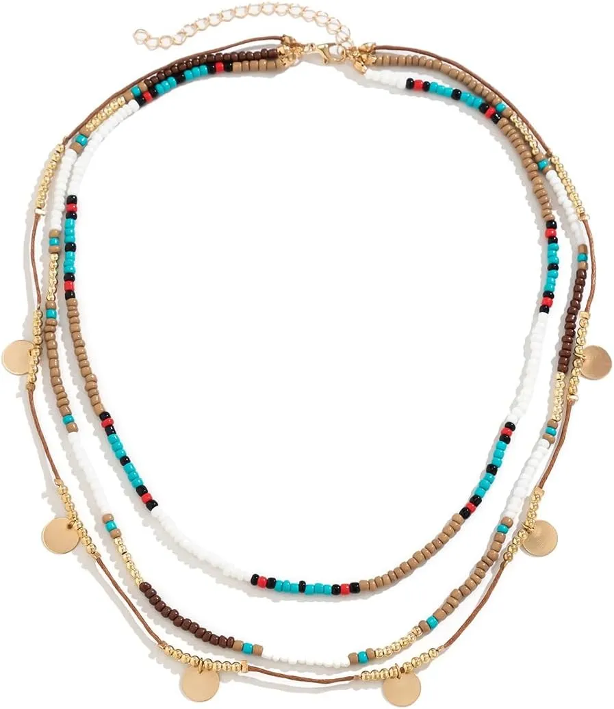 Maillard Style Brown Beaded Choker Necklace Layered Colorful Beads Necklaces with Leaf Disc Butterfly Pendant Boho Beach Wedding Seed Bead Jewelry for Women and Girls