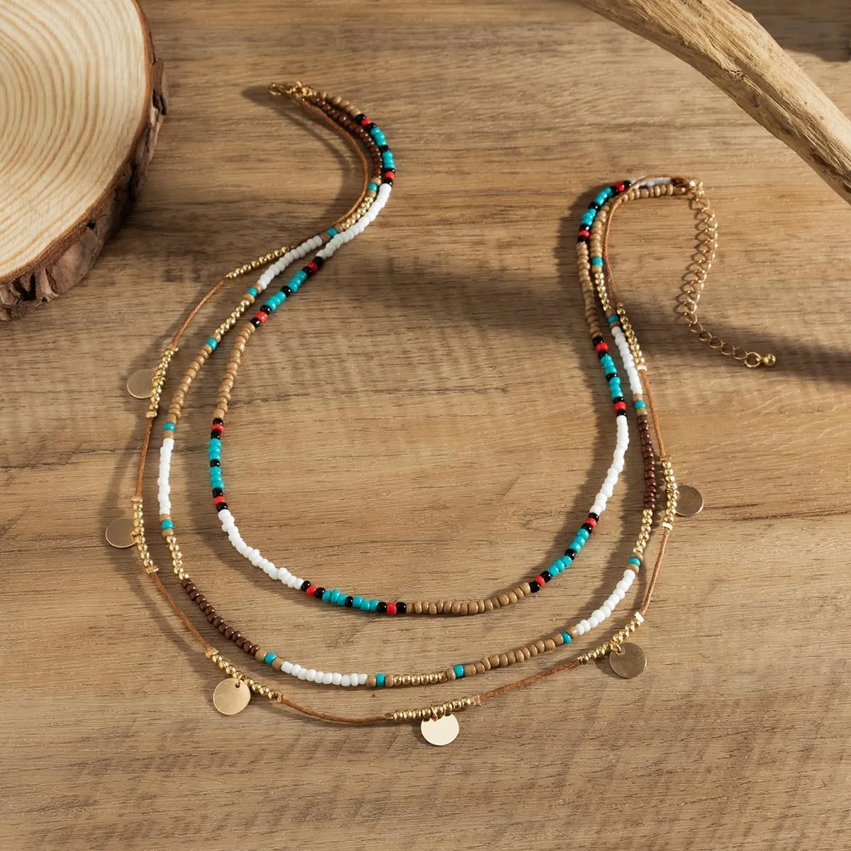 Maillard Style Brown Beaded Choker Necklace Layered Colorful Beads Necklaces with Leaf Disc Butterfly Pendant Boho Beach Wedding Seed Bead Jewelry for Women and Girls