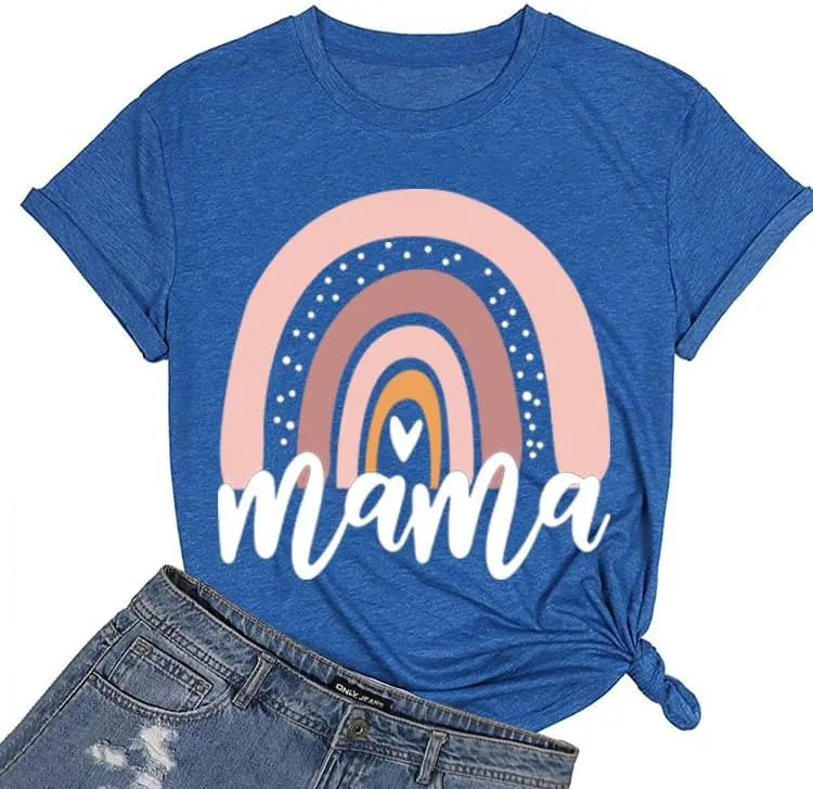 Mama Shirt for Women Mama Rainbow Graphic T Shirt Casual Mom Life Tees Funny Short Sleeve Tops