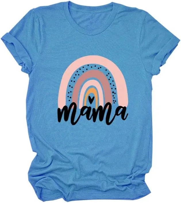 Mama Shirt for Women Mama Rainbow Graphic T Shirt Casual Mom Life Tees Funny Short Sleeve Tops