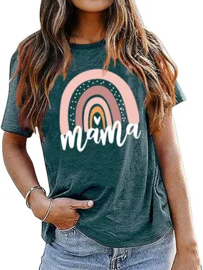 Mama Shirt for Women Mama Rainbow Graphic T Shirt Casual Mom Life Tees Funny Short Sleeve Tops