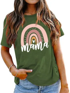 Mama Shirt for Women Mama Rainbow Graphic T Shirt Casual Mom Life Tees Funny Short Sleeve Tops