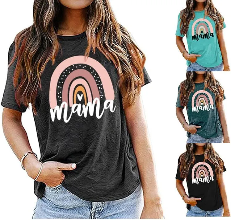 Mama Shirt for Women Mama Rainbow Graphic T Shirt Casual Mom Life Tees Funny Short Sleeve Tops