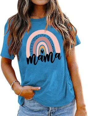 Mama Shirt for Women Mama Rainbow Graphic T Shirt Casual Mom Life Tees Funny Short Sleeve Tops
