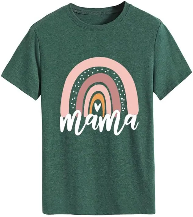 Mama Shirt for Women Mama Rainbow Graphic T Shirt Casual Mom Life Tees Funny Short Sleeve Tops