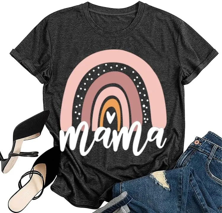 Mama Shirt for Women Mama Rainbow Graphic T Shirt Casual Mom Life Tees Funny Short Sleeve Tops