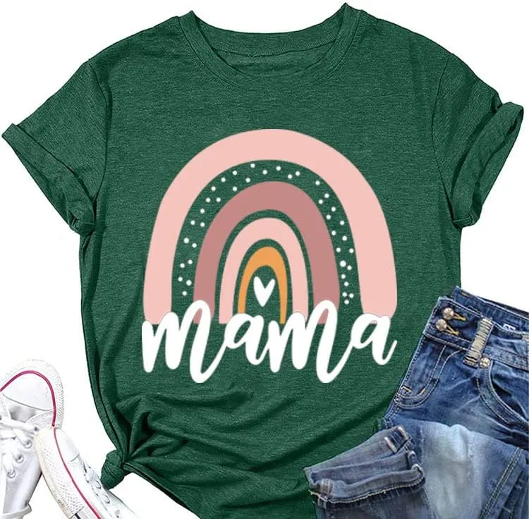 Mama Shirt for Women Mama Rainbow Graphic T Shirt Casual Mom Life Tees Funny Short Sleeve Tops