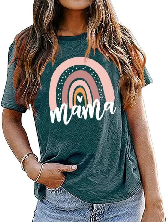 Mama Shirt for Women Mama Rainbow Graphic T Shirt Casual Mom Life Tees Funny Short Sleeve Tops