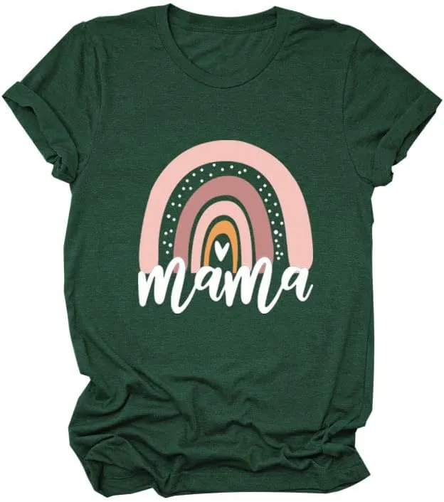 Mama Shirt for Women Mama Rainbow Graphic T Shirt Casual Mom Life Tees Funny Short Sleeve Tops