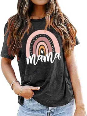 Mama Shirt for Women Mama Rainbow Graphic T Shirt Casual Mom Life Tees Funny Short Sleeve Tops