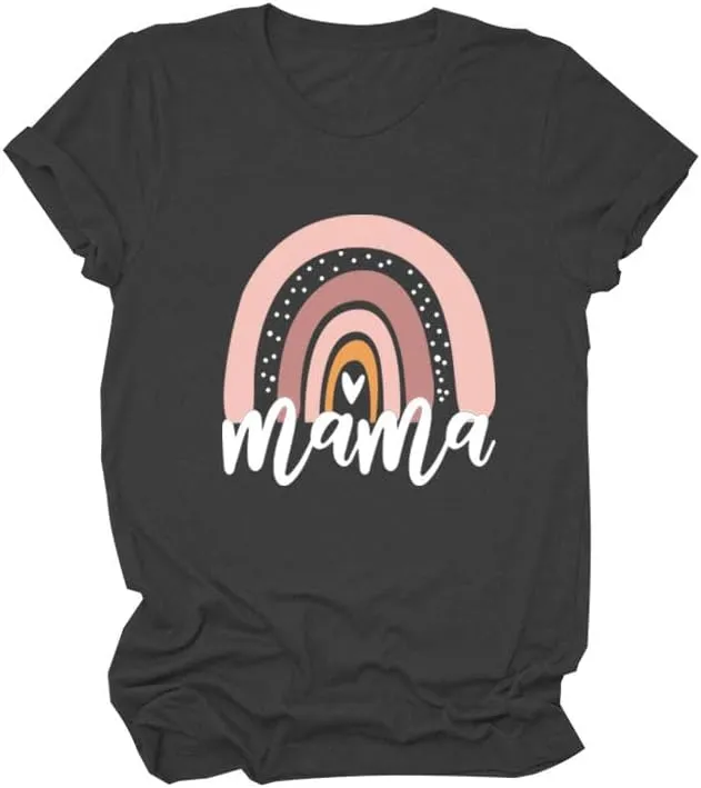 Mama Shirt for Women Mama Rainbow Graphic T Shirt Casual Mom Life Tees Funny Short Sleeve Tops