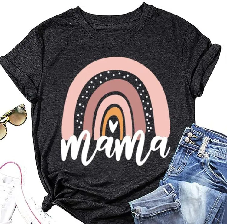 Mama Shirt for Women Mama Rainbow Graphic T Shirt Casual Mom Life Tees Funny Short Sleeve Tops