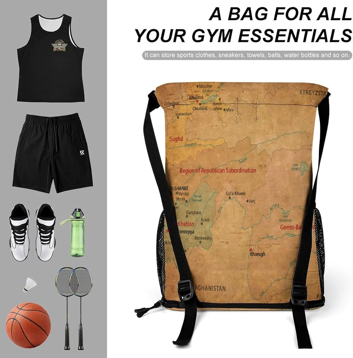 Map of Turkmenistan Storage Bag Drawstring Sports Pocket Backpack, Shoe Bags, Multi-Function Bags