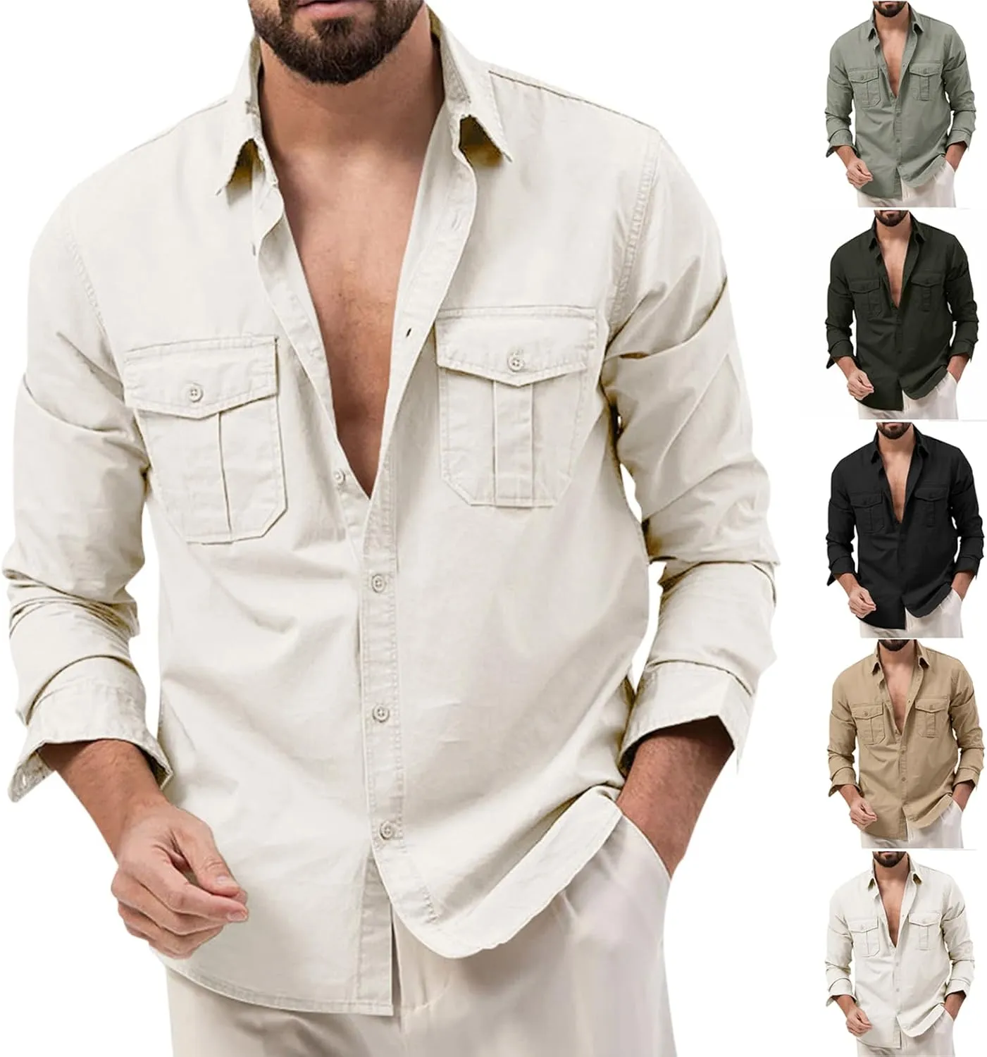 Mens Button Up Shirts Long Sleeve Comfy Multi Pockets Cargo T Shirts with Collar Workwear Outdoor Tactical Shirt