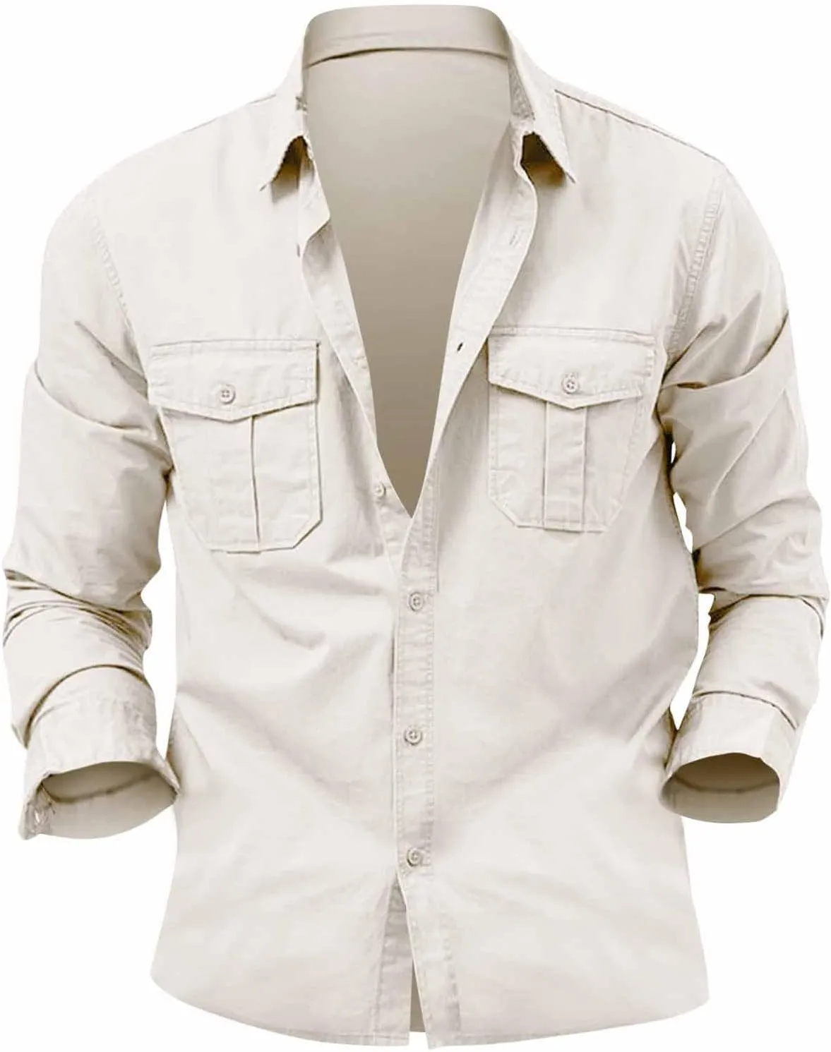 Mens Button Up Shirts Long Sleeve Comfy Multi Pockets Cargo T Shirts with Collar Workwear Outdoor Tactical Shirt