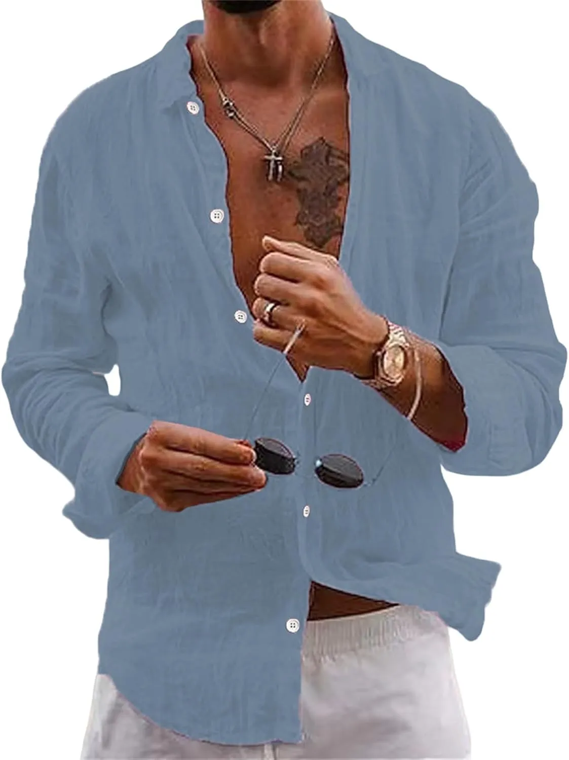 Mens Casual Linen Cotton Long Sleeve Button Down Shirt Hawaii Beach Regular Fit Plain Summer Tops for Holiday Beach