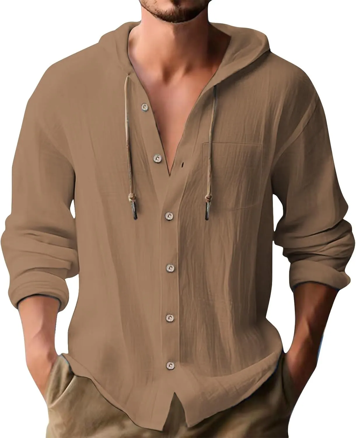 Mens Cotton Linen Shirts Casual Button Down Long Sleeve Hoodies Lightweight Summer Casual Hawaiian Beach Yoga Shirts