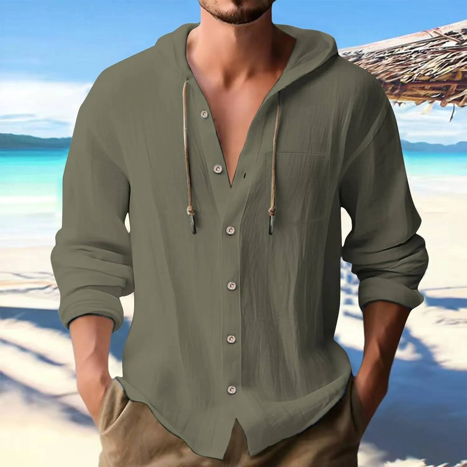 Mens Cotton Linen Shirts Casual Button Down Long Sleeve Hoodies Lightweight Summer Casual Hawaiian Beach Yoga Shirts
