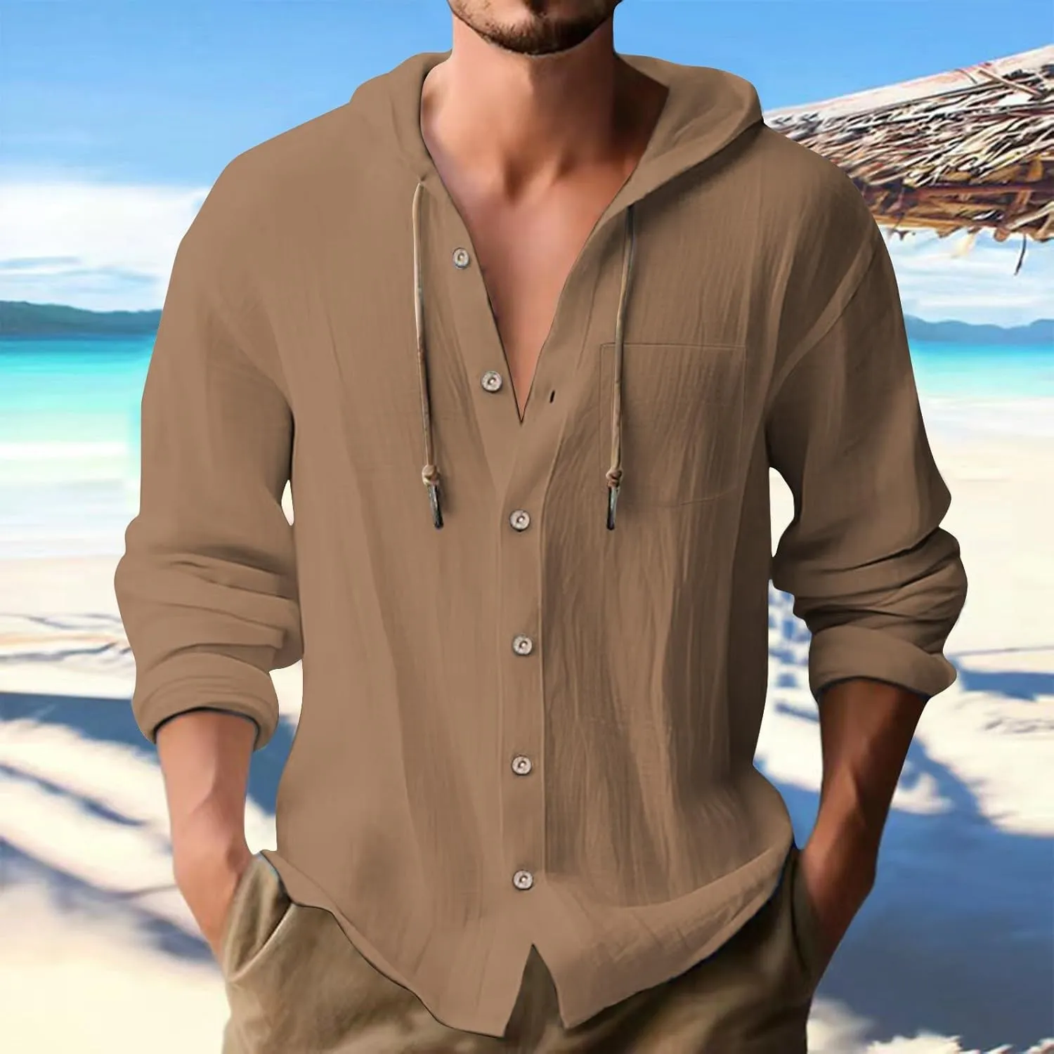 Mens Cotton Linen Shirts Casual Button Down Long Sleeve Hoodies Lightweight Summer Casual Hawaiian Beach Yoga Shirts