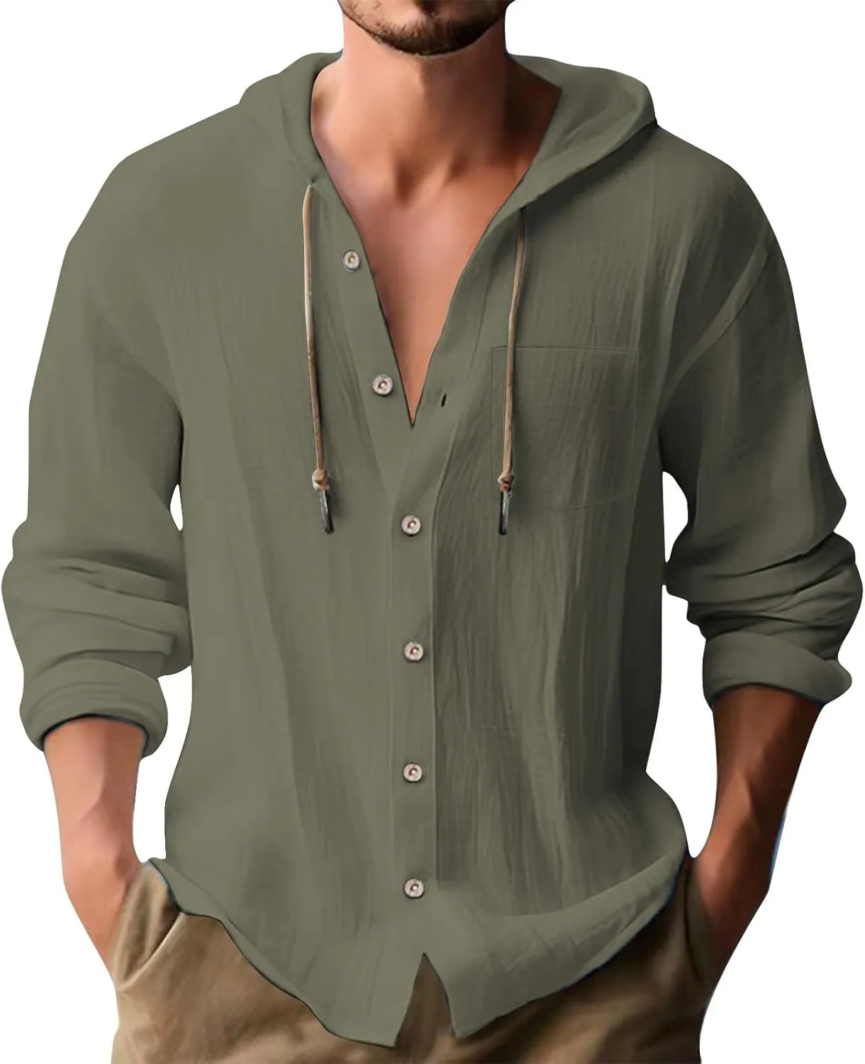 Mens Cotton Linen Shirts Casual Button Down Long Sleeve Hoodies Lightweight Summer Casual Hawaiian Beach Yoga Shirts