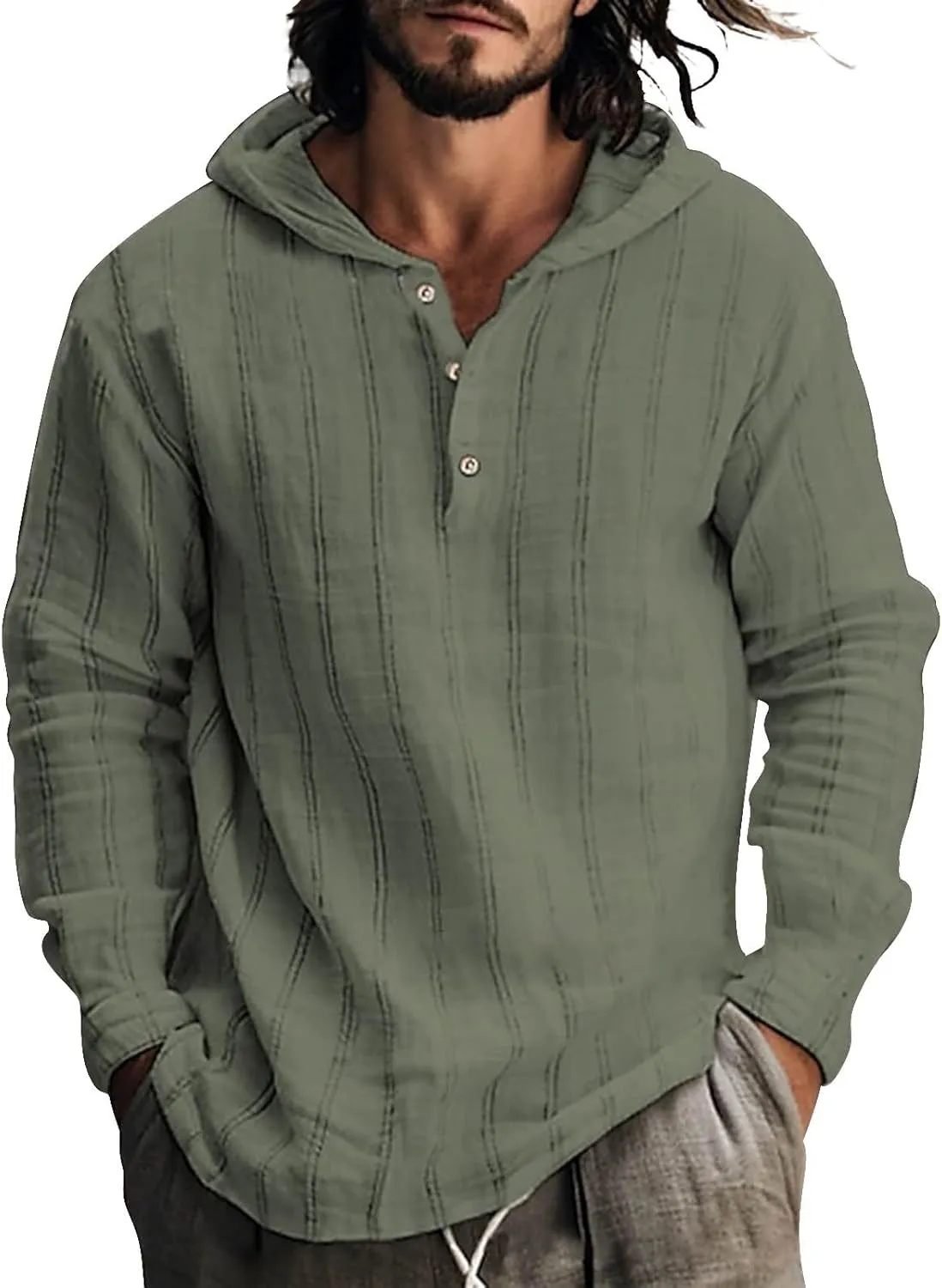 Mens Cotton Linen Shirts with Hood Vintage Long Sleeve Hooded T-Shirts Lightweight Summer Casual Beach Hippie Shirt