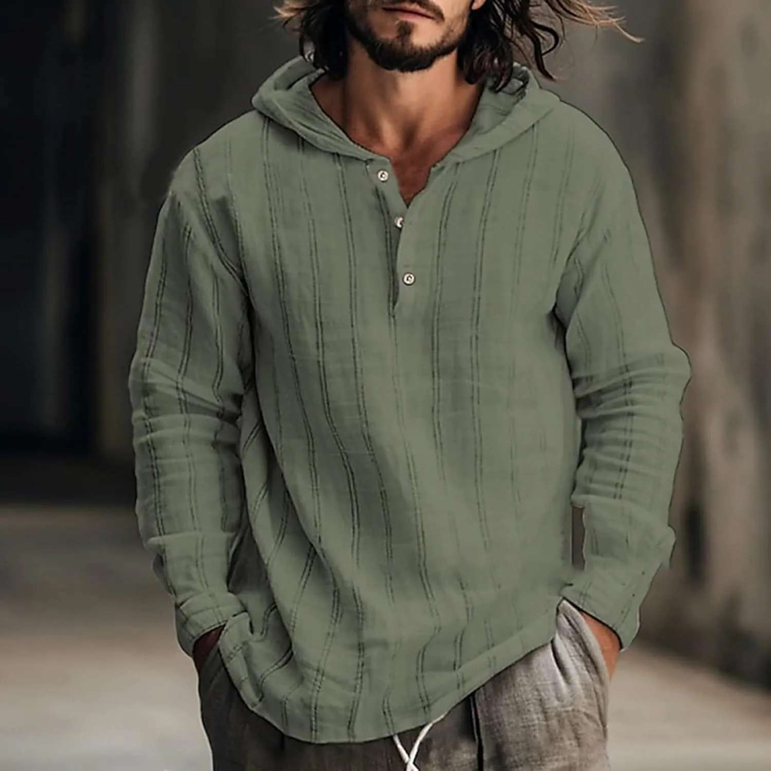 Mens Cotton Linen Shirts with Hood Vintage Long Sleeve Hooded T-Shirts Lightweight Summer Casual Beach Hippie Shirt