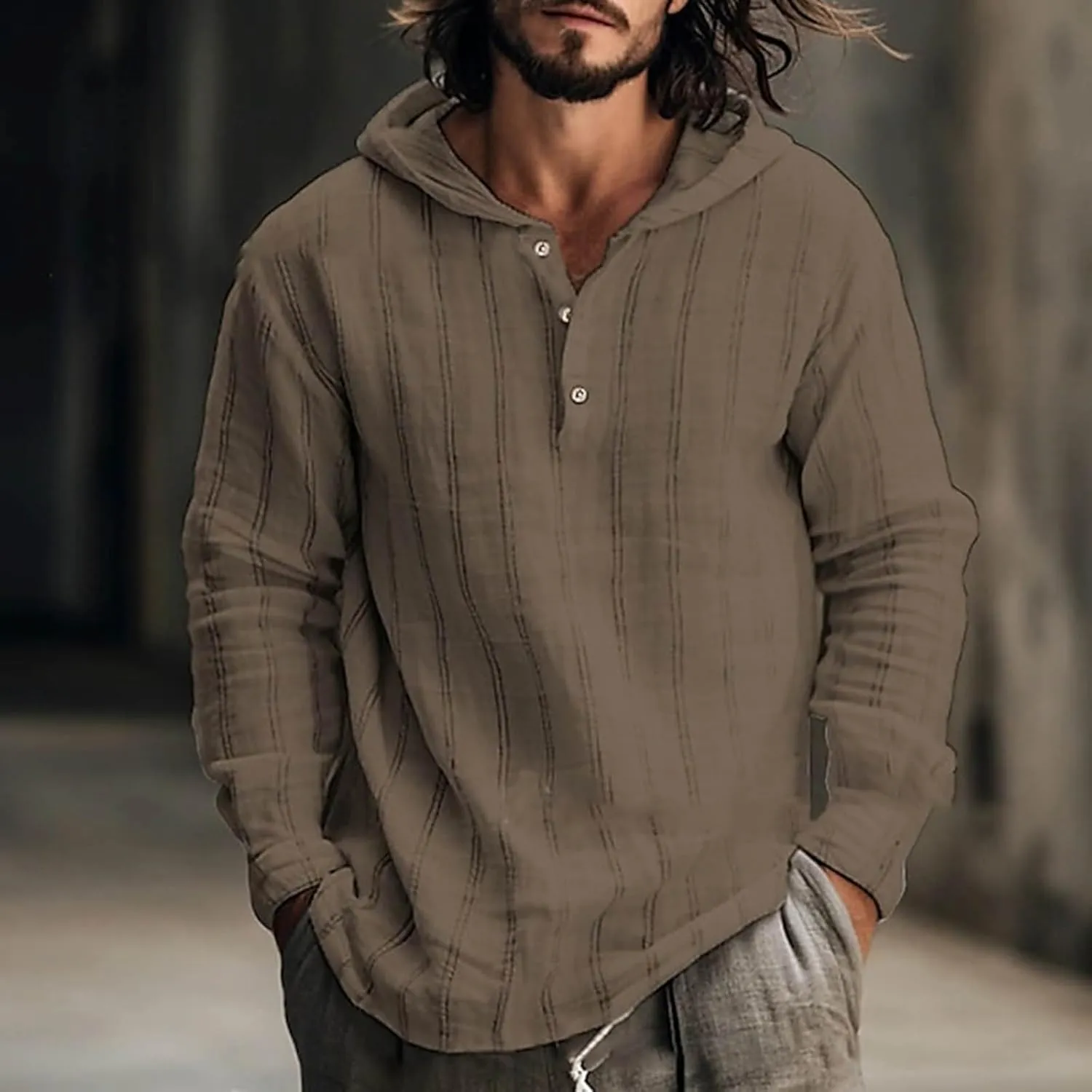 Mens Cotton Linen Shirts with Hood Vintage Long Sleeve Hooded T-Shirts Lightweight Summer Casual Beach Hippie Shirt