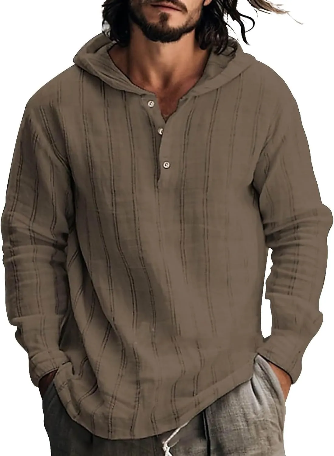 Mens Cotton Linen Shirts with Hood Vintage Long Sleeve Hooded T-Shirts Lightweight Summer Casual Beach Hippie Shirt