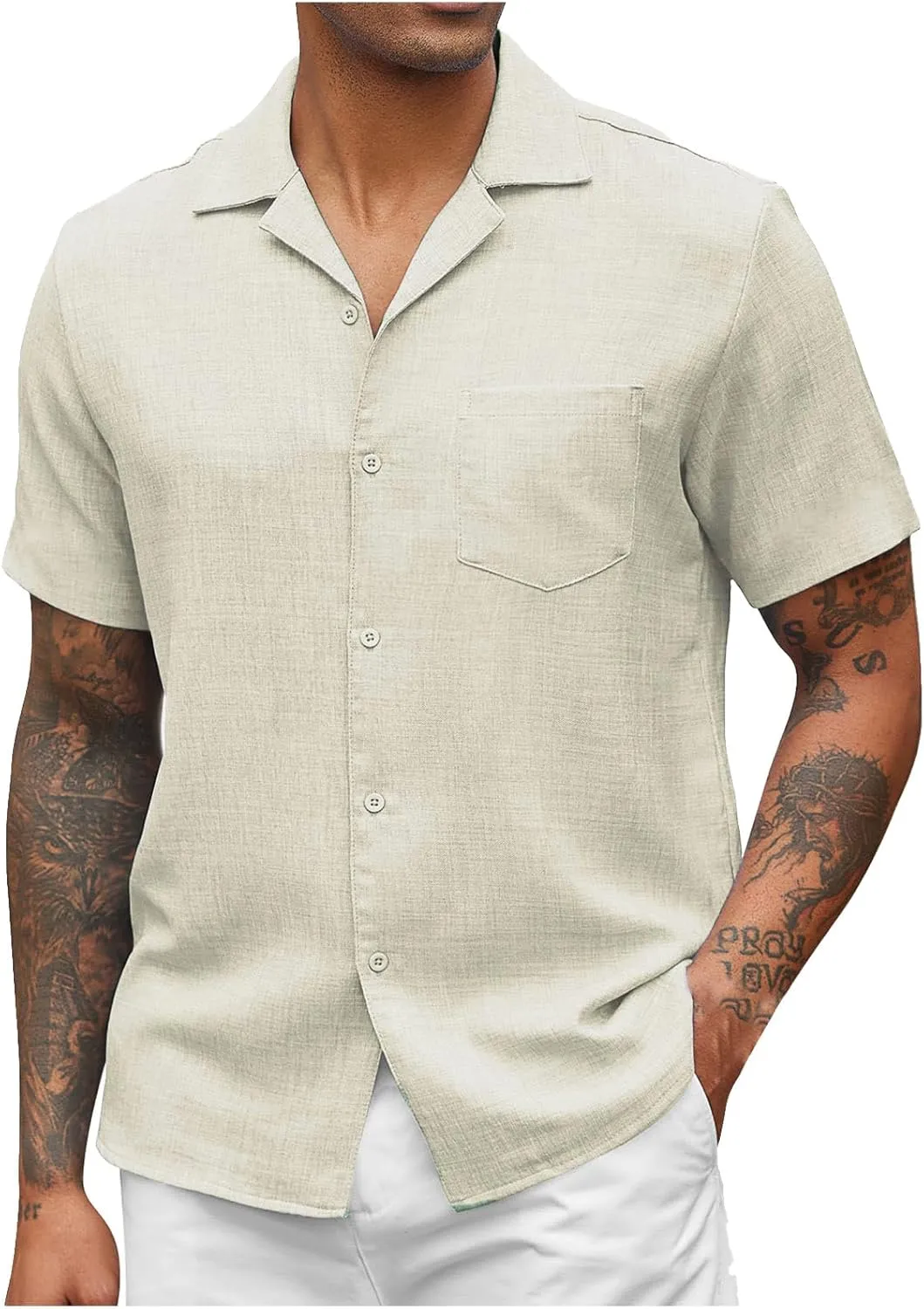 Men's Cotton Linen Short Sleeve Shirts Casual Textured Button Down Shirts Vacation Beach Summer Tops with Pocket