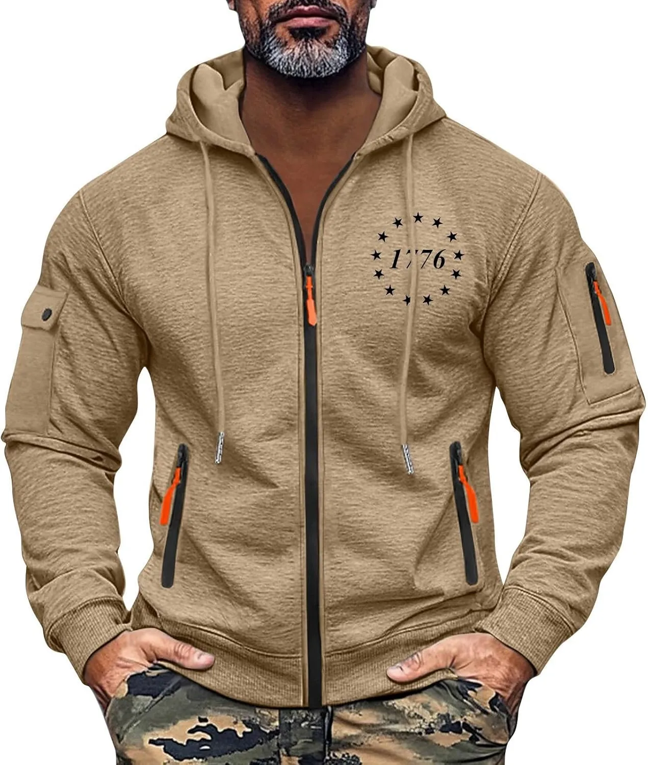 Men's Drawstring Zipper Hoodie 4th of July 1776 Stylish Plain Shirts Light Long Sleeve Sweatshirt with Pockets