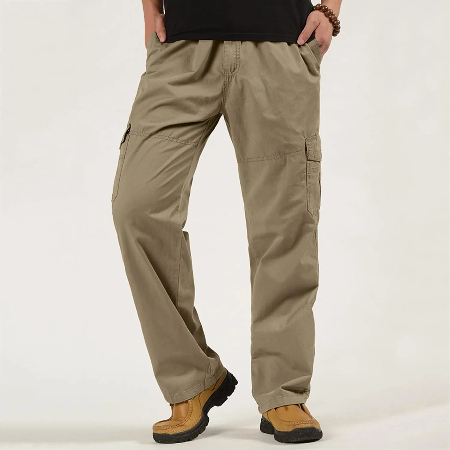 Mens Fashion Casual Loose Cotton Plus Size Pocket Elastic Waist Pants Trousers Mens Dress Pants