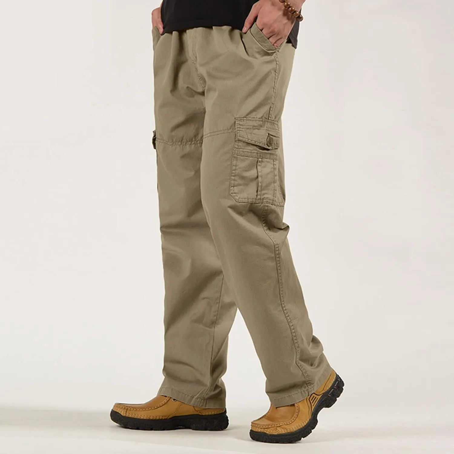Mens Fashion Casual Loose Cotton Plus Size Pocket Elastic Waist Pants Trousers Mens Dress Pants