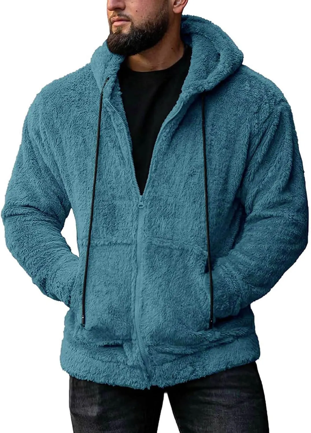 Mens Fuzzy Sherpa Hoodie Full Zip Up Drawstring Fleece Sweatshirts Cozy Thick Warm Big and Tall Winter Outerwear