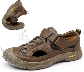 Mens Leather Hollow Hiking Sandals Adjustable Breathable Water Beach Sport Mens Sandals Casual Travel Outdoor Athletic Walking Shoes