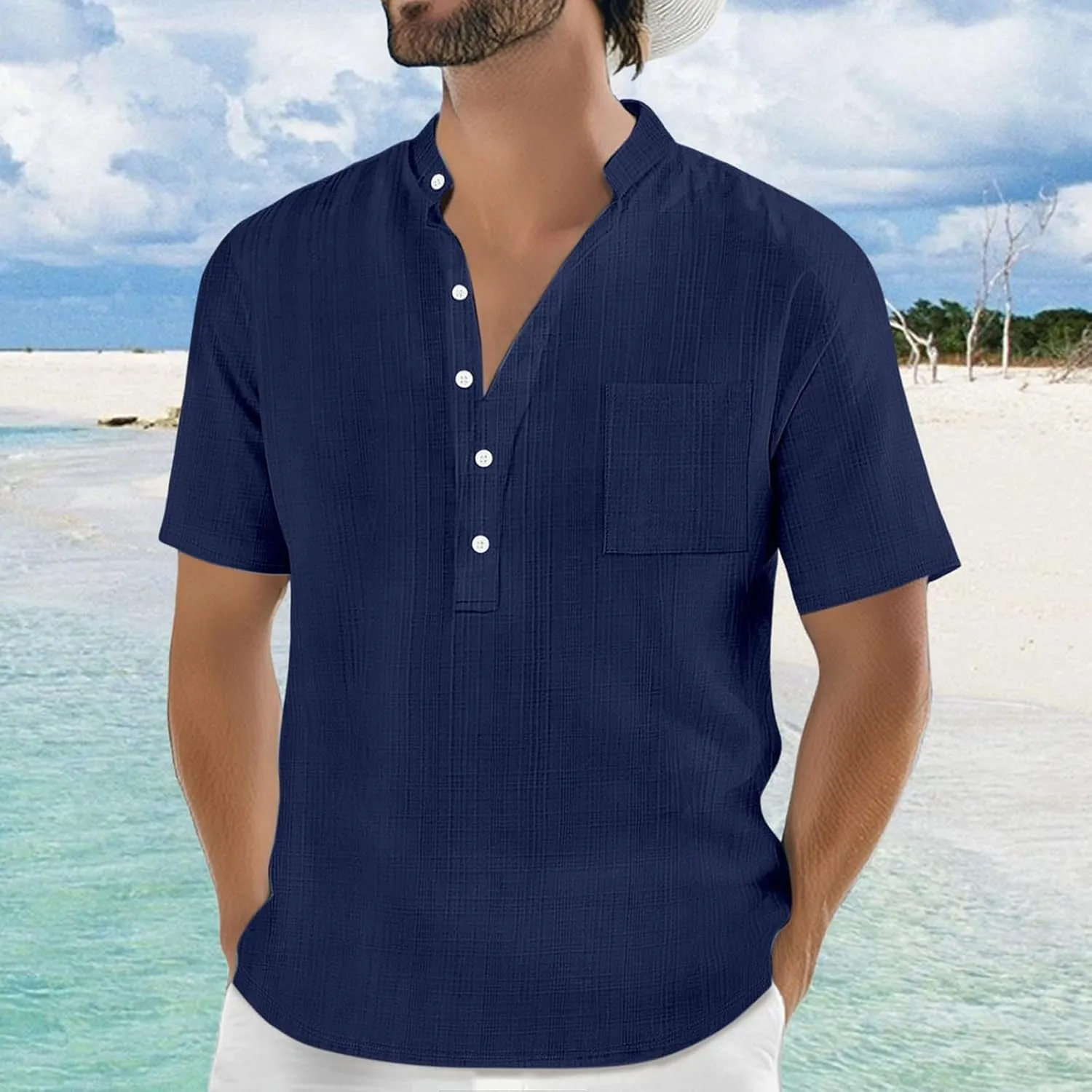 Mens Linen Shirts Short Sleeve Casual Cotton T-Shirts Summer Button Henley Shirt Lightweight Loose Beach Tee Tops