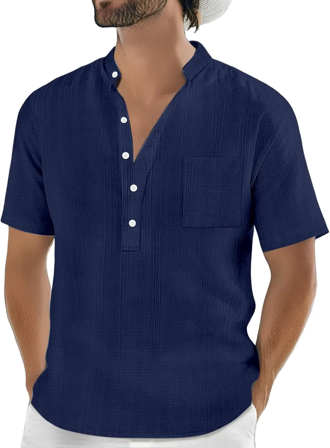 Mens Linen Shirts Short Sleeve Casual Cotton T-Shirts Summer Button Henley Shirt Lightweight Loose Beach Tee Tops