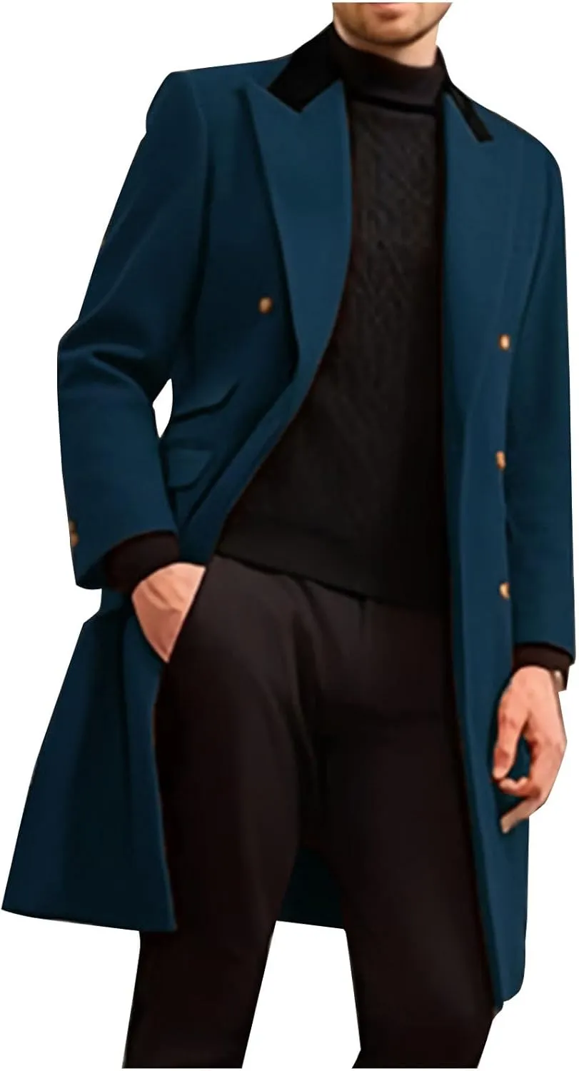 Men's Long Trench Coat Double Wool Breasted Blend Overcoat with Notch Lapel and Pockets Classic Windproof Pea Coat