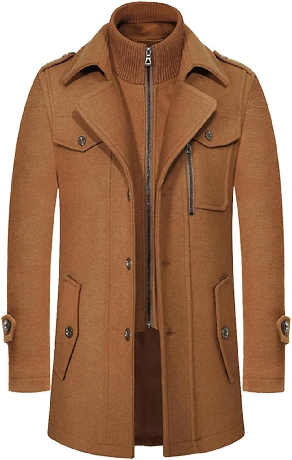 Mens Mid Length Pea Coat Thermal Single Breasted Wool Blend Coat Business Overcoat Zip Up with Zipper Flap Pockets