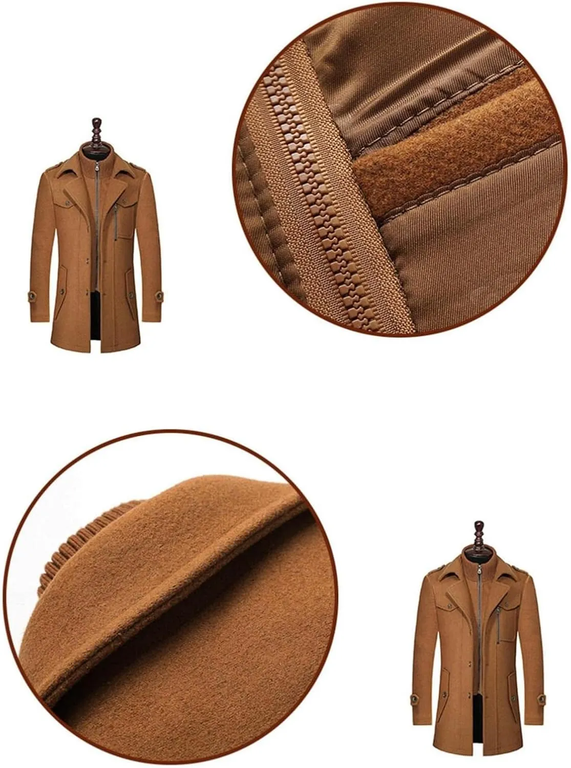 Mens Mid Length Pea Coat Thermal Single Breasted Wool Blend Coat Business Overcoat Zip Up with Zipper Flap Pockets