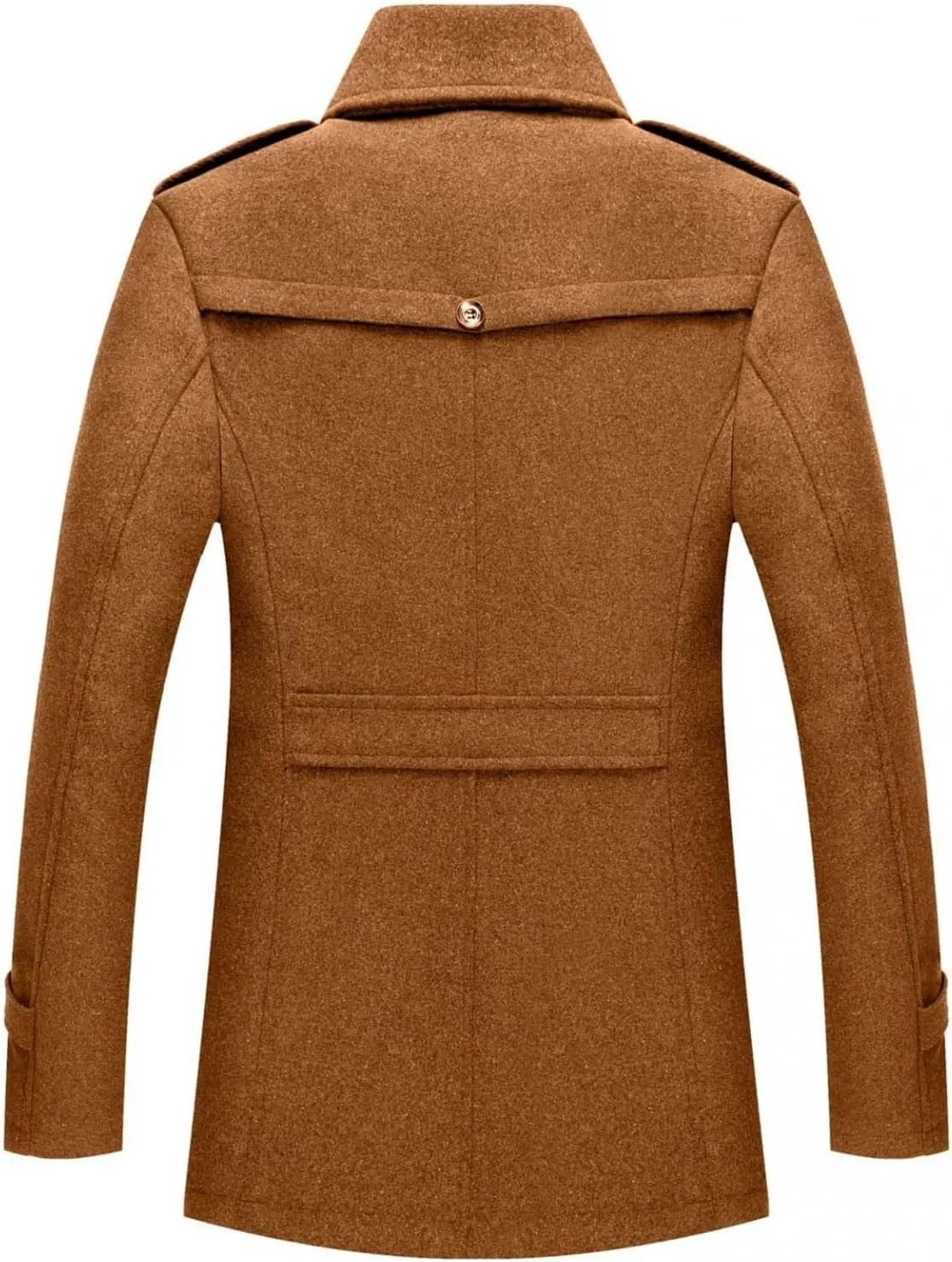 Mens Mid Length Pea Coat Thermal Single Breasted Wool Blend Coat Business Overcoat Zip Up with Zipper Flap Pockets