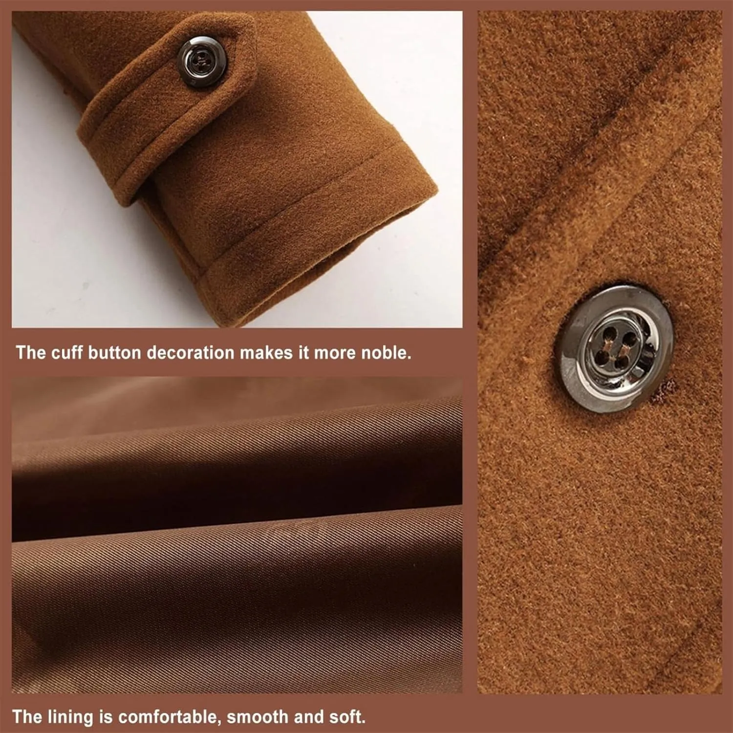 Mens Mid Length Pea Coat Thermal Single Breasted Wool Blend Coat Business Overcoat Zip Up with Zipper Flap Pockets