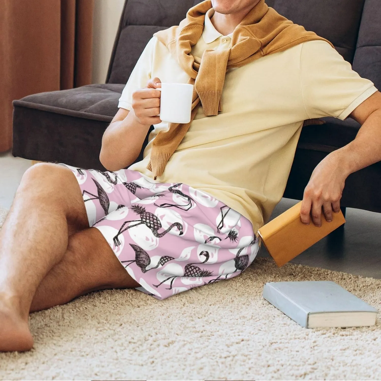 Mens Pajama Pants - Comfy Sleep Shorts Mens Pajama Shorts, Mens Lounge Shorts Pj Pants Pineapple Flamingo