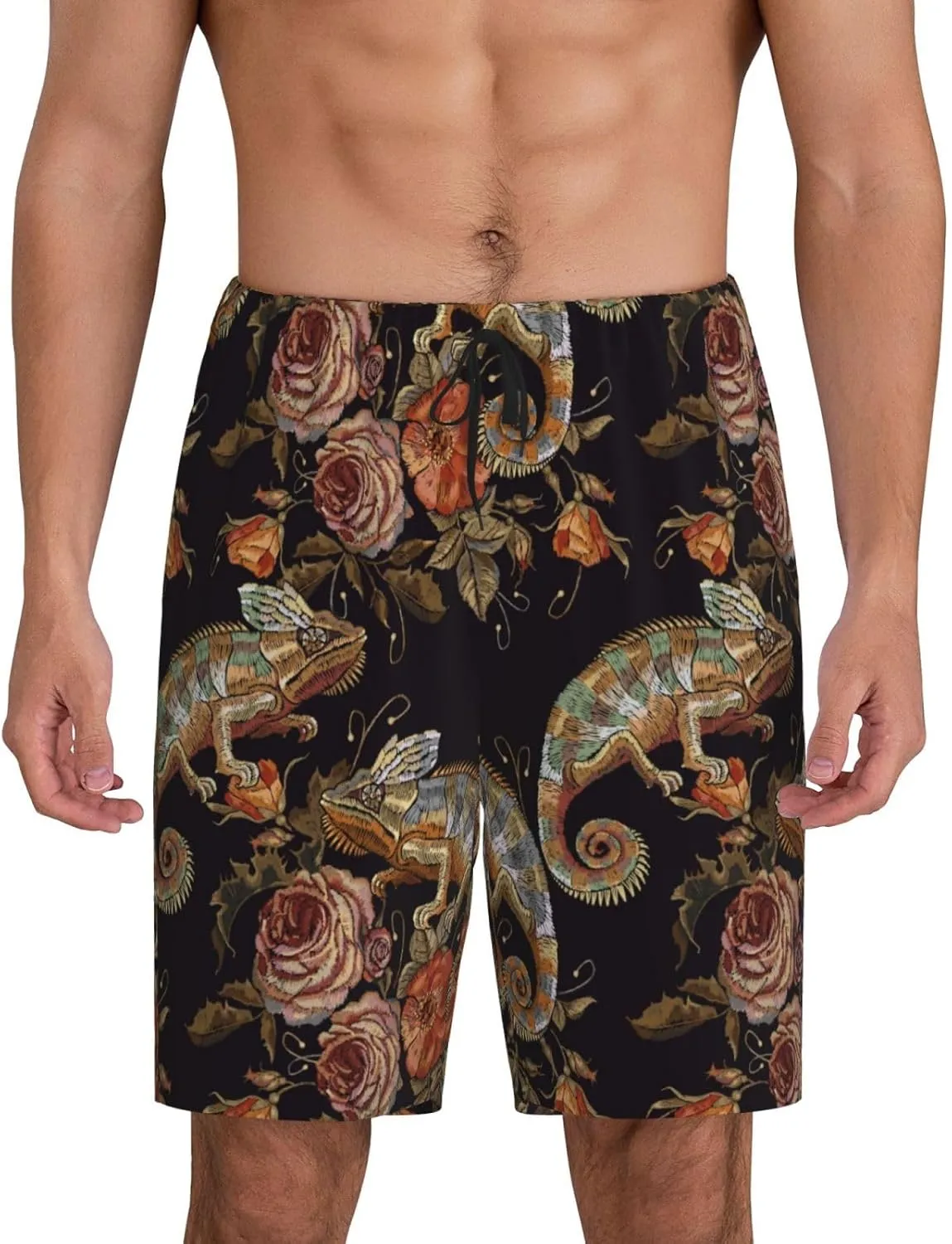 Mens Pajama Pants - Cute Chameleon No.20049 Comfy Sleep Shorts Mens Pajama Shorts, Mens Lounge Shorts Pj Pants